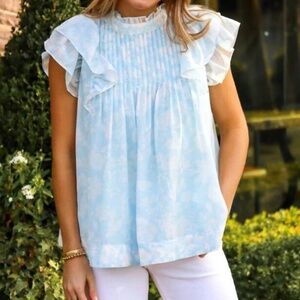 J. MARIE BLUE SKYE PLEATED FLUTTER SLEEVES BLOUSE